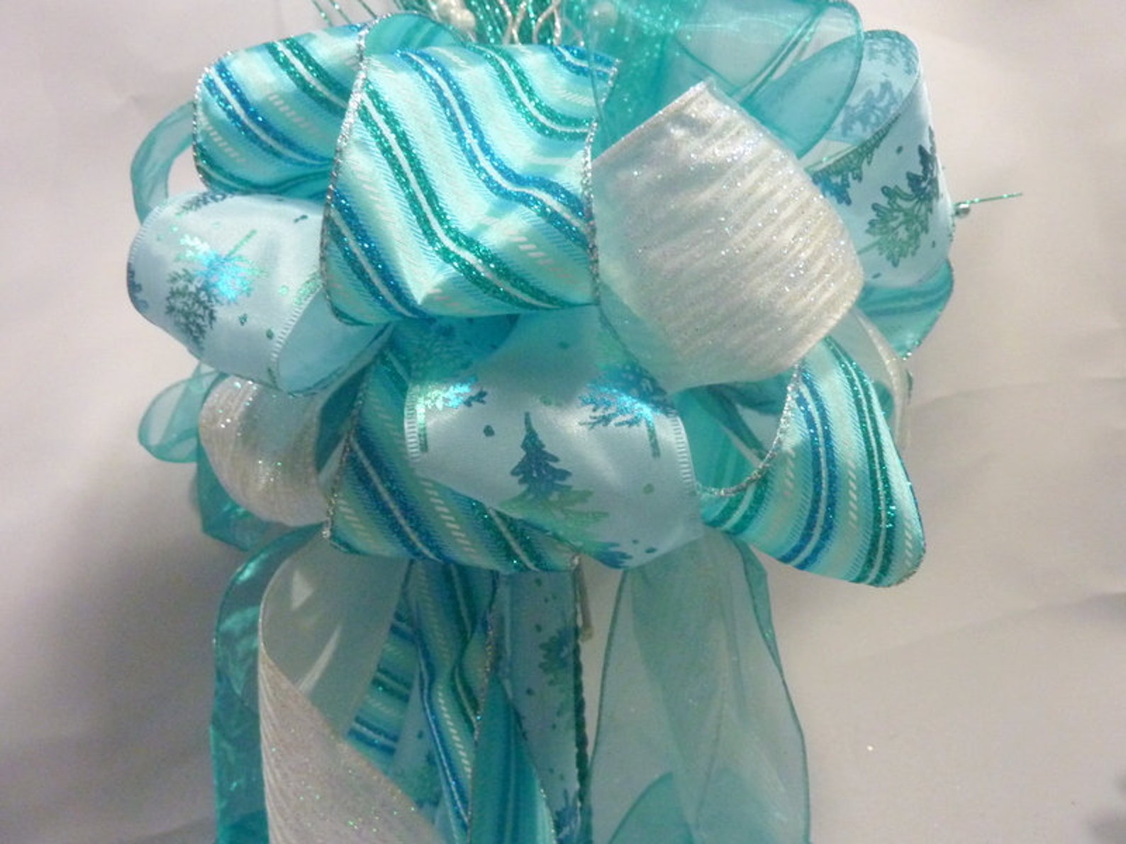 Ribbon Tree Topper Blue Green and White Tree Topper Bow Tree Etsy