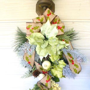 Poinsettia Door Swag in Sage Green, Holiday Door Decorations