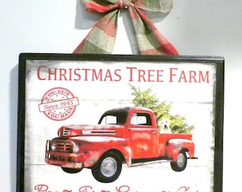 Letrero navideño vintage de camión rojo con forma de árbol de Navidad: Decoración navideña rústica