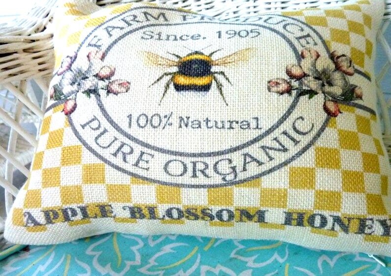 Bee Pillow Cover: Burlap Farmhouse Pillow with Apple Blossom Honey image 2