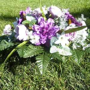 Lavender and Purple grave site spray, Lavender cemetery flowers