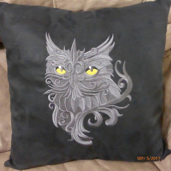 Owl Pillow Cover Embroidered Owl Pillow Black And Gray Etsy