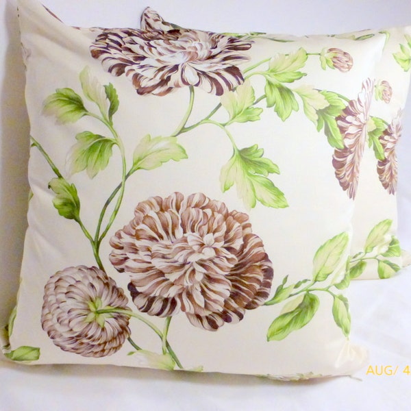 Waverly Pillow Covers, Designer fabric in shades of green and brown on cream, floral pillow covers