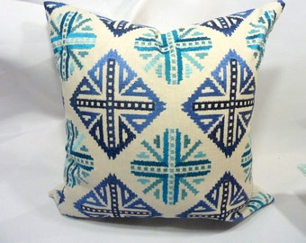 Turquoise and blue pillow cover, Embroidered Linen blend pillow cover