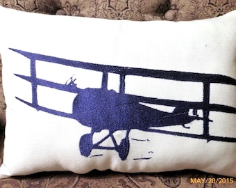 Blue and White Airplane pillow, Embroidered Antique Biplane