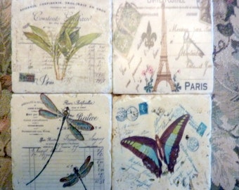 French themed Stone Coasters, Tumbled Marble Coasters, French country decor