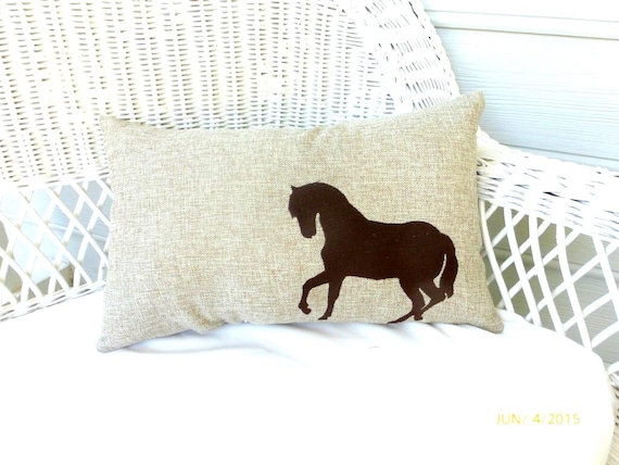 Embroidered Burlap Horse Pillow - Equestrian Lumbar Cushion