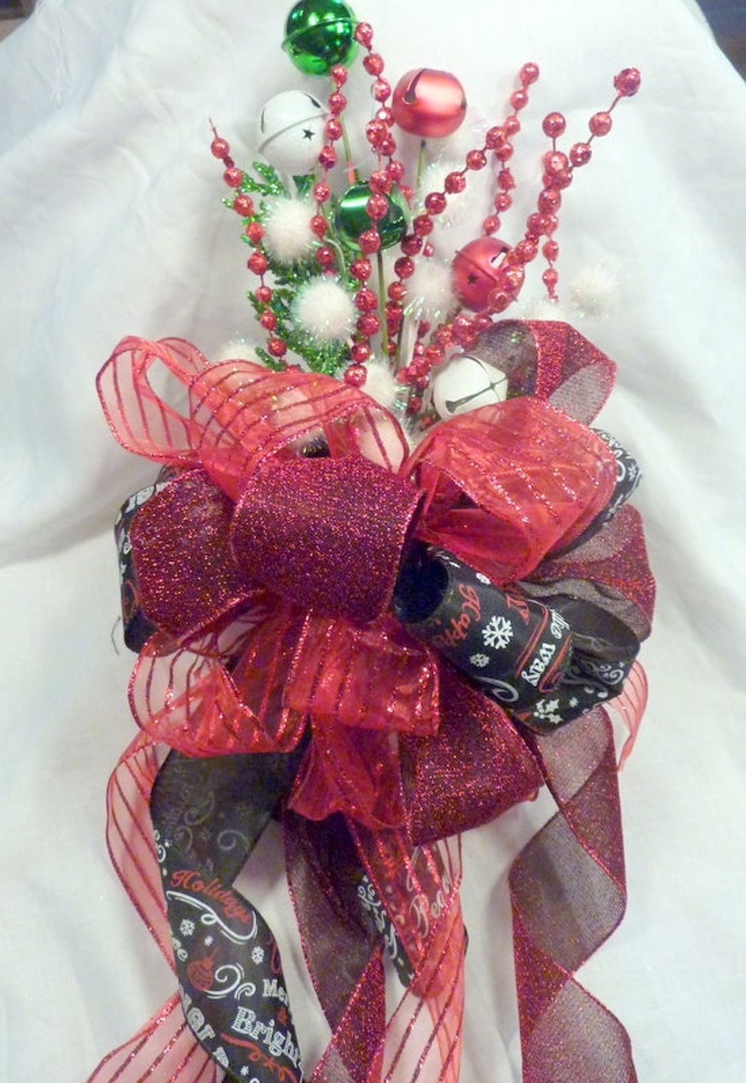 Red Black Ribbon Tree Topper Farmhouse Christmas Topper Etsy