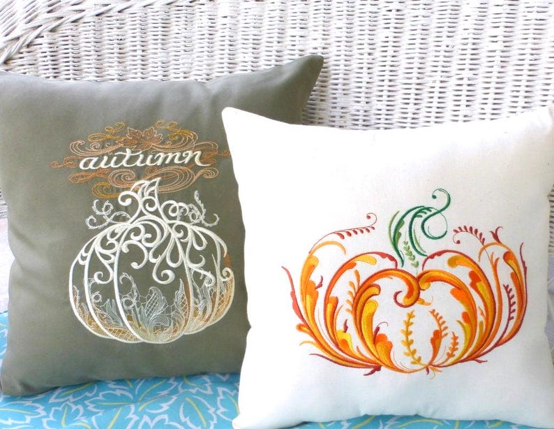 Embroidered Pumpkin Pillow Cover: Sage Green Suede Autumn Decor image 3