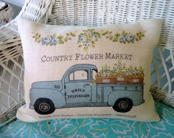 Burlap Truck Pillow Cover, Vintage truck pillow, Farmhouse pillow