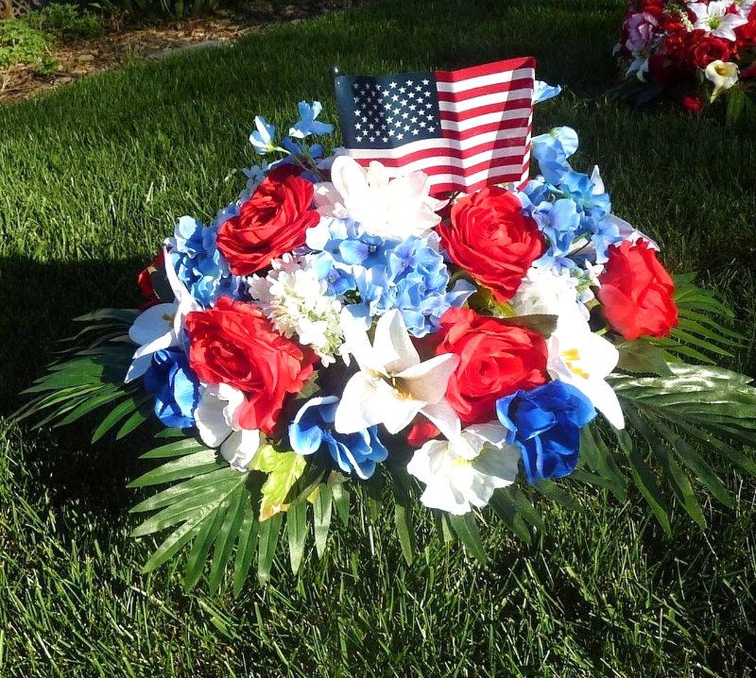 Red White and Blue Cemetery Flowers, Patriotic Headstone Saddle With ...