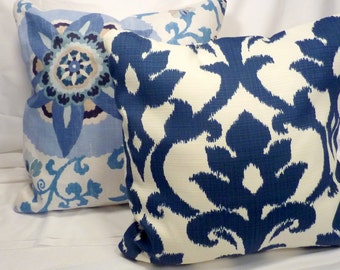 Outdoor Ikat Pillow Cover in Navy Blue and Ivory