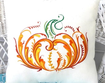Federa per cuscino con zucca ricamata: decorazione autunnale, lino bianco o tela