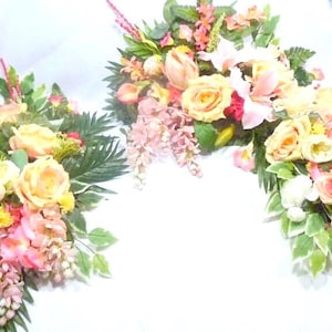 Tropical Wedding Arch Flowers: Pink, Yellow & White Silk Roses
