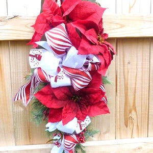 Red and White Christmas Door Swag, Christmas Wreath with Cardinal Ribbon