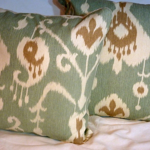 Ikat Pillow Covers, Magnolia Home Java Patio pillow covers, Brown, Sage Green, Ivory