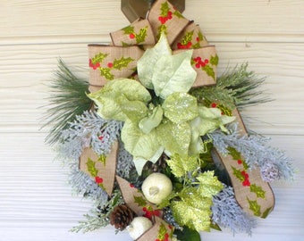 Poinsettia Door Swag in Sage Green, Holiday Door Decorations