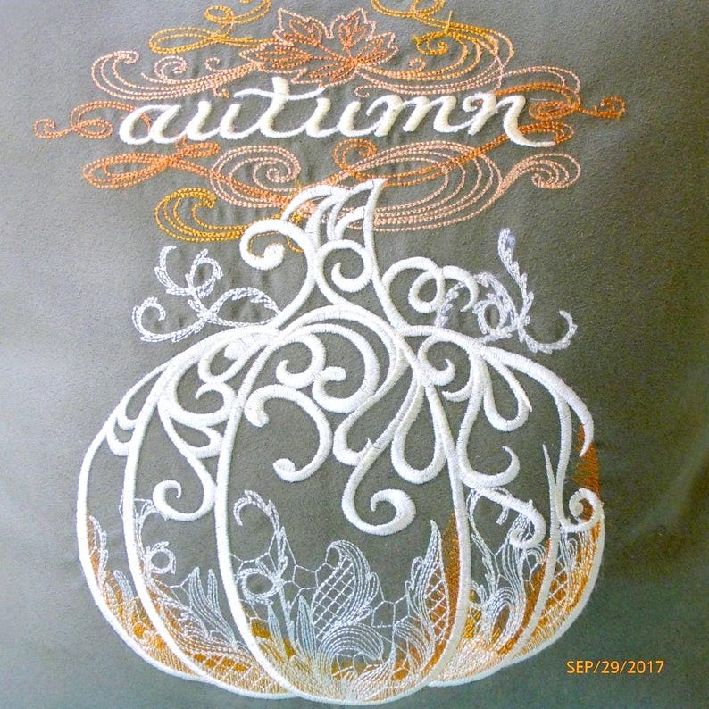 Embroidered Pumpkin Pillow Cover: Sage Green Suede Autumn Decor image 2