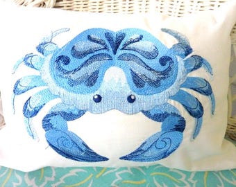 Blue Crab Embroidered Pillow Cover, Beach House Decor