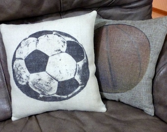 Burlap Soccer Pillow, sports pillows, Boys room decor