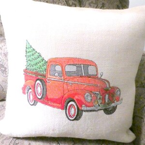 Bestickter roter LKW Weihnachtskissen: Sackleinen Lastwagen