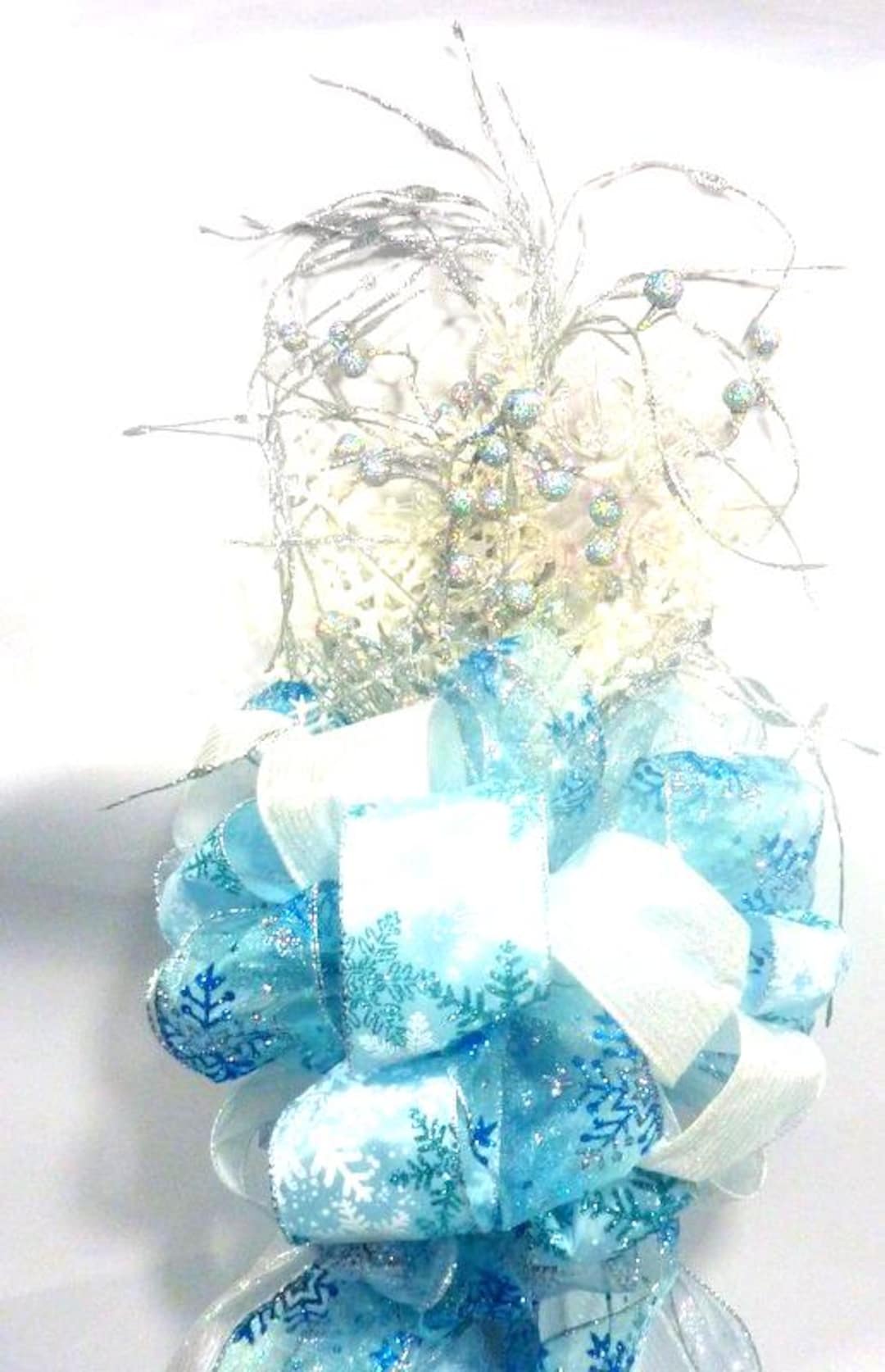 Blue Snowflake Ribbon Tree Topper: Glittered Holiday Decor - Etsy