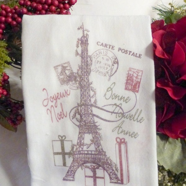 Paris Christmas Towel, Eiffel tower Tea Towel, Flour Sack Towel
