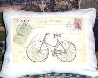Dekorative Paris Kissenbezüge, vintage französische Postkarte mit Fahrrad