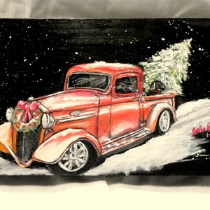 Vintage Red Truck Christmas shelf sitter, Hand Painted truck sign