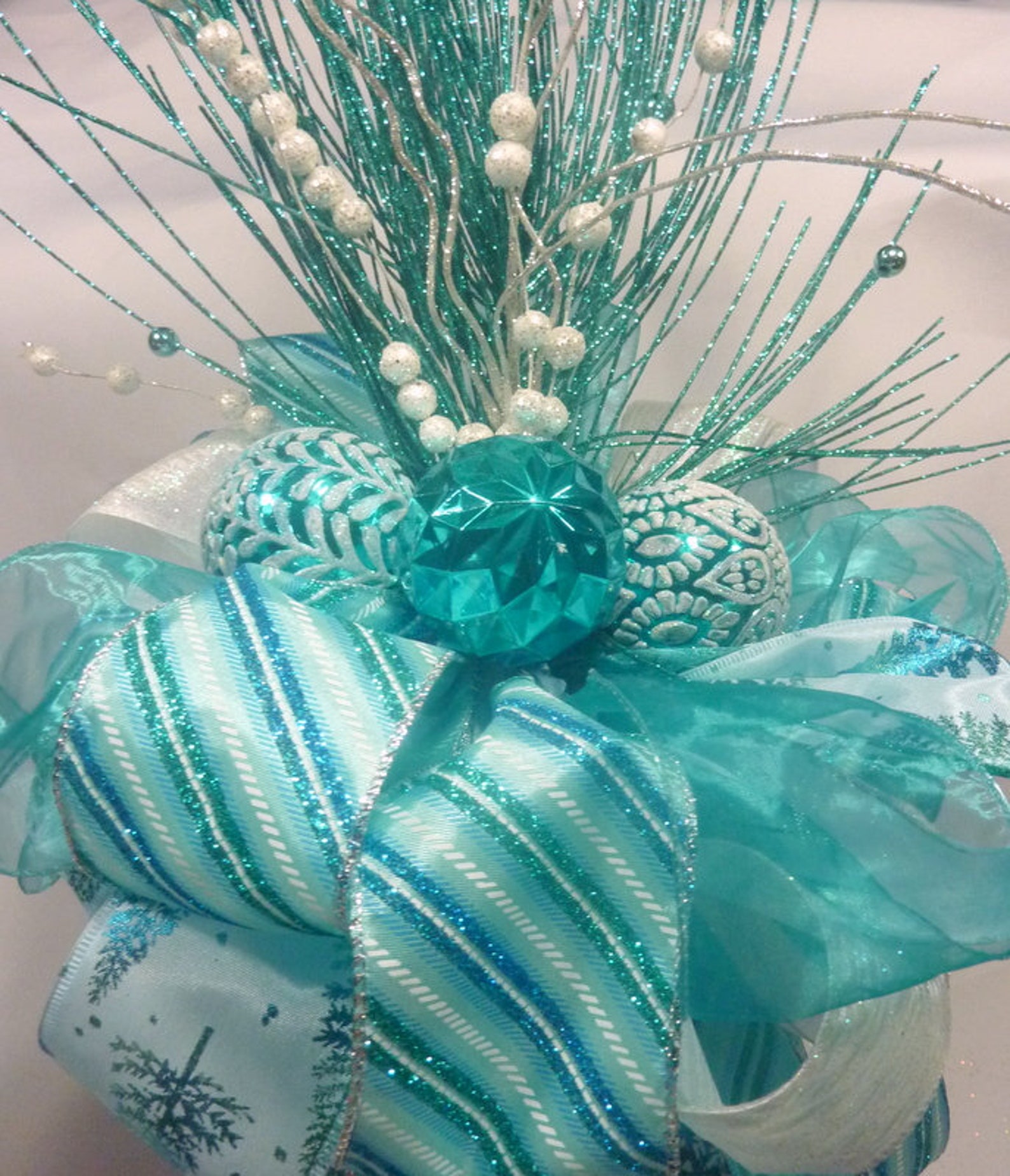 Ribbon Tree Topper Blue Green and White Tree Topper Bow Tree Etsy