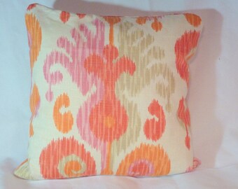 Orange Ikat Pillow Covers, P Kaufmann pillows,  Designer fabric pillow covers, Orange and Pink ikat