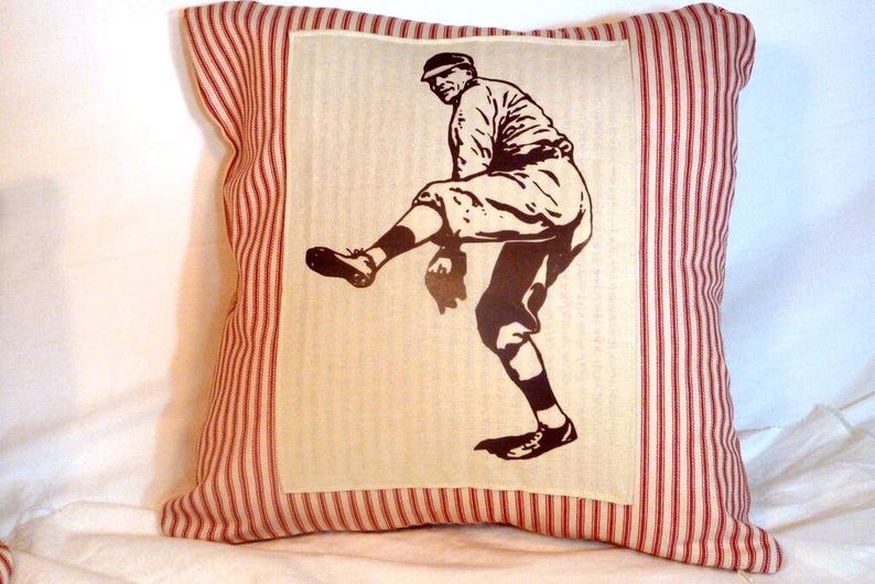 Vintage Baseball Pitcher Pillow Cover: Red French Ticking, Boys Room Decor