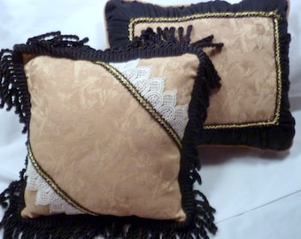 Victorian pillows, Set of 2 Decorative Pillows, Gold and black accent pillows