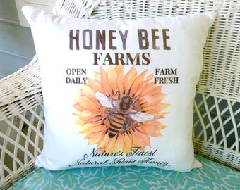 Bee Sunflower Pillow Cover: Farmhouse Decor