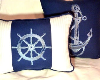 Set of 2 Nautical Pillows, Blue Ticking Stripe with Ships Wheel & Anchor Embroidery