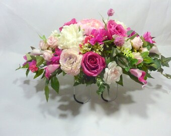 Cemetery flowers in Fuchsia, Pink and white, Grave site spray