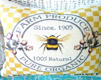 Bee Pillow Cover: Burlap Farmhouse Pillow with Apple Blossom Honey