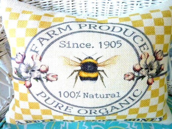 Bee Pillow Cover: Burlap Farmhouse Pillow with Apple Blossom Honey