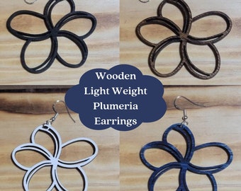 Light Weight Wooden Plumeria Dangle Earrings - Laser Cut - Multiple Colors Available