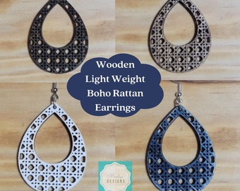 Light Weight Wooden Boho Rattan Dangle Earrings - Laser Cut - Multiple Colors Available
