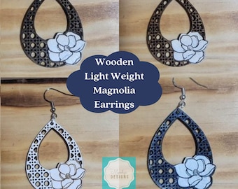 Light Weight Wooden Boho Rattan Magnolia Dangle Earrings - Laser Cut - Multiple Colors Available