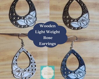 Light Weight Wooden Boho Rattan Rose Dangle Earrings - Laser Cut - Multiple Colors Available