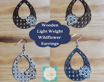 Light Weight Wooden Boho Rattan Wildflower Dangle Earrings - Laser Cut - Multiple Colors Available