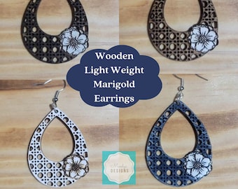 Light Weight Wooden Boho Rattan Marigold Dangle Earrings - Laser Cut - Multiple Colors Available
