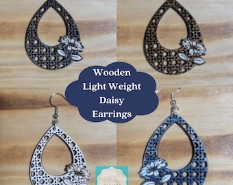 Light Weight Wooden Boho Rattan Daisy Dangle Earrings - Laser Cut - Multiple Colors Available