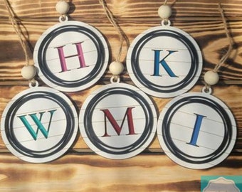 Wooden and Acrylic Farmhouse Initial Ornaments - Personalized Custom Made - Red, Pink, Blues and Green