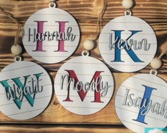 Wooden and Acrylic Farmhouse Initial Ornaments - Personalized Custom Made - Red, Pink, Blues and Green