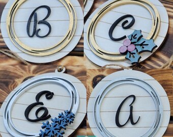 Wooden Farmhouse Initial Ornaments - Silver, Gold, Mistletoe & Snowflakes