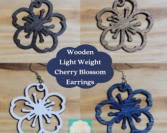 Light Weight Wooden Cherry Blossom Dangle Earrings - Laser Cut - Multiple Colors Available
