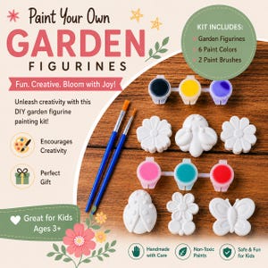May include: A paint your own garden figurines kit featuring white ceramic shapes including a ladybug, butterfly, and flowers. The set includes two blue paint brushes and two strips of six paint pots in black, yellow, purple, pink, teal, and red.